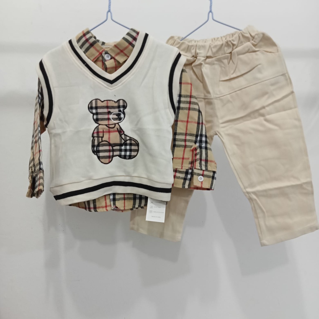 anaanakstore - setelan import premium 3in1 anak laki laki motif vest burcream &amp; burgrey