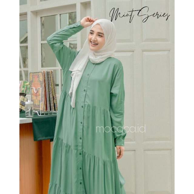 Gamis polos premium Babydoll Lady Dress Rayon Twill Full Kancing busui soft mint hijau pastel adem