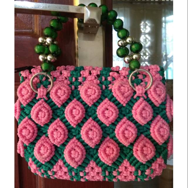 Tas rajut kenur tali kur motif mawar cantik
