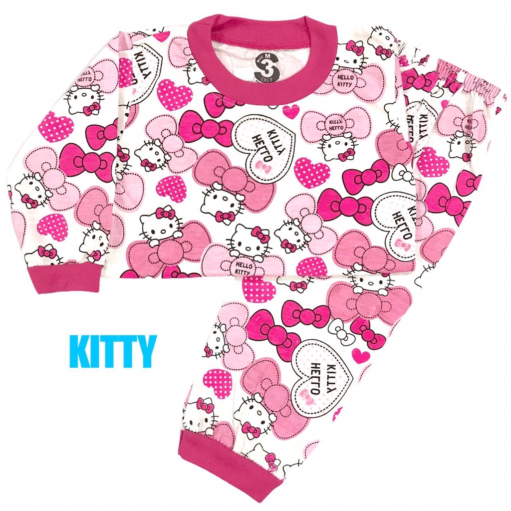 3S YEYA - BAJU TIDUR ANAK KIDS PEREMPUAN/CEWEK PIYAMA PP PAJAMAS BAHAN KAOS KATUN KITTY/HK/KUCING