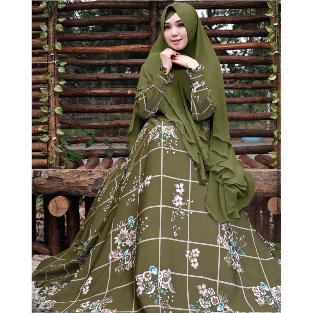 gamis set khimar.kotak bunga mocca