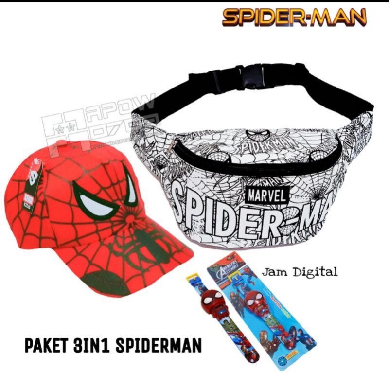 paket 3in1 tas selempang anak topi anak dan jam tangan anak karakter spiderman waistbag anak laki laki tas bahu