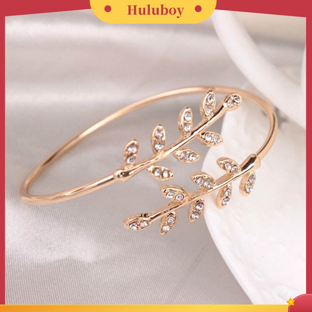 Hu Hu Hu Hu Hu Alat Bantu Pasang Kacamata♡ Gelang Bangle Open Adjustable Desain Daun Hias Berlian Imitasi Untuk Wanita