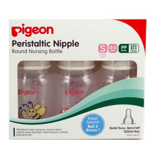 Pigeon Botol Peristaltic Nipple Round Nursing Bottle Slim Neck 120 ml (2+1pcs)