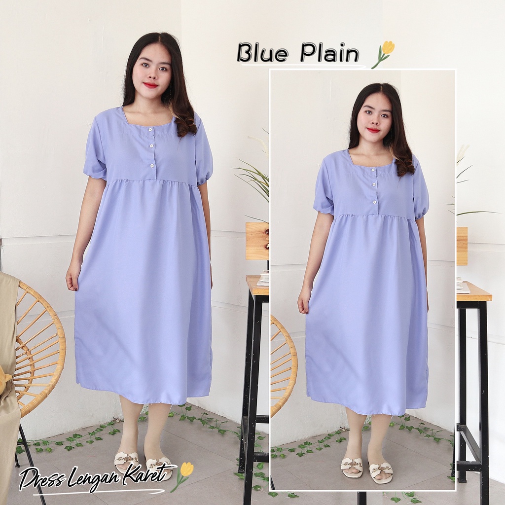 IZANY  Daster Dewasa Lengan Karet / Dress Wanita Lengan Karet Polos Plain-BLUE PLAIN