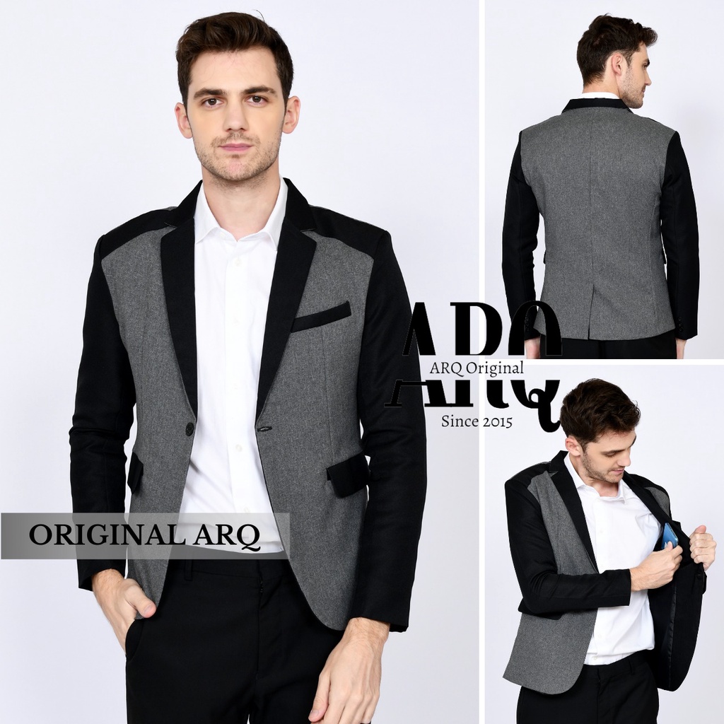 JAS BLAZER PRIA FORMAL SLIMFIT BAHAN PREMIUM ABU KOMBINASI HITAM ORIGINAL ARQ TERBARU