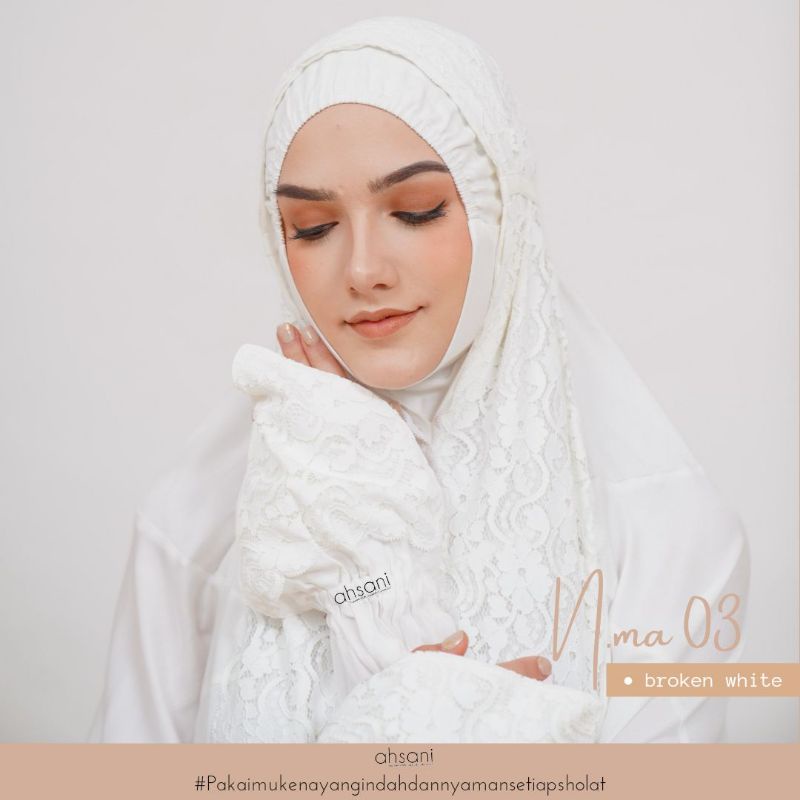 AHSANI MUKENA RAYON TWILL PREMIUM MUKENAH PREMIUM AHSANI BROKEN WHITE RENDA PUTIH  N.ma 03