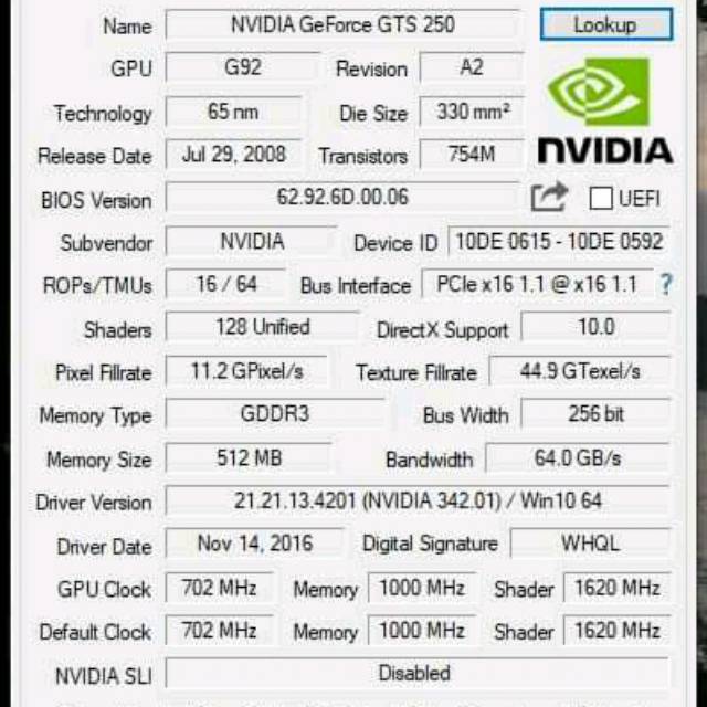 VGA GTS 250  512MB 256bit
