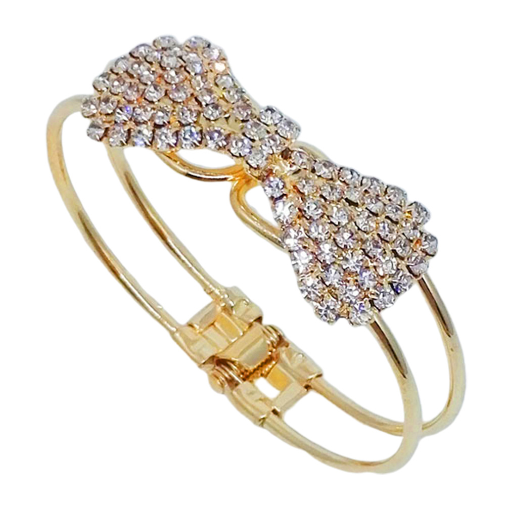 Canaan Gelang Tangan Lapis Emas Model Terbuka Desain Pita Hias Kristal Untuk Wanita
