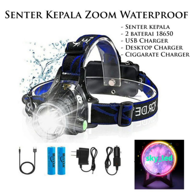 Senter Kepala LED Zoom Super Terang Headlamp LED Cree XML T6 (senter kepala+baterai+chas)   Waterproof Anti Air