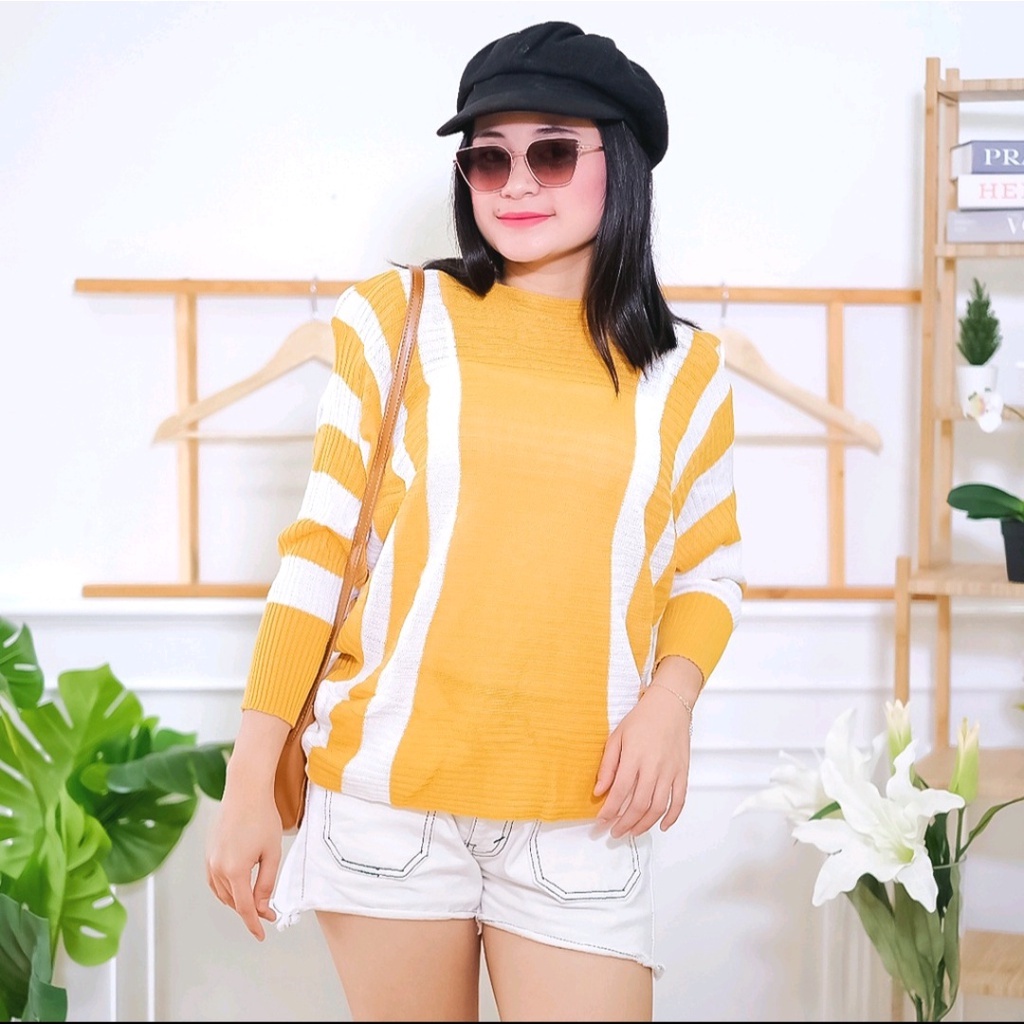 VK__ storeRAJUT BATWING ZEBRA STRIPE SALUR KOMBINASI POLET SWEATER BLOUSE ATASAN WANITA OVERSIZE JUM