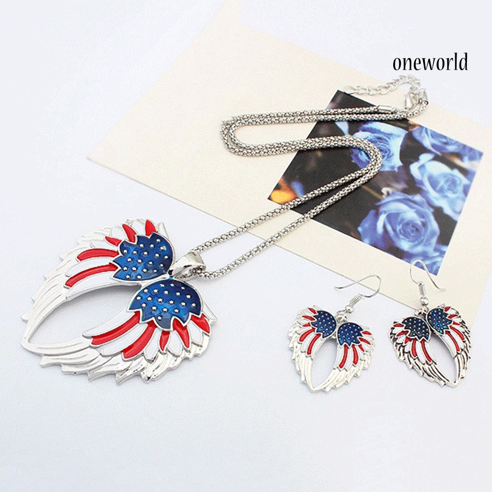 OW@ Independence Day USA Flag Patriotic Wings Women Necklace Earrings Jewelry Set