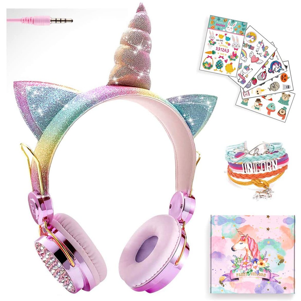 Roxyroxy- Headset Musik Stereo Sequin Plush Motif Unicorn Earphone + Mic High Quality