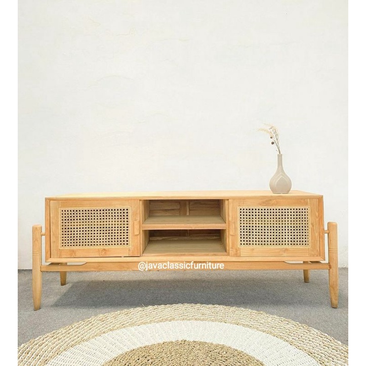 BUFET TV SLEDING SCANDINAVIA MINIMALIS RETRO CABINET PAJANGAN ROTAN DRAWER KAYU JATI GRADE A BERKUALITAS EXPORT MURAH FINISHING NATURAL BLEACHING FURNITURE JEPARA