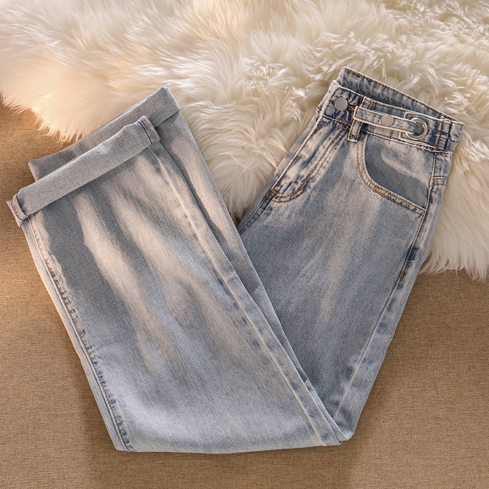 Biru Celana panjang wanita baru slim-fit high-waist straight-leg wide-leg jeans（realpict）