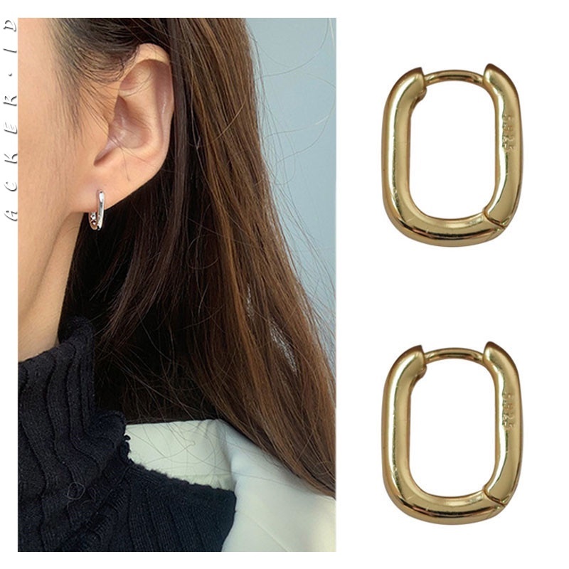 [ACKER] 18K Emas Perancis U Bentuk Sederhana Angin Dingin Oval Circle Hoop Earrings Untuk Wanita