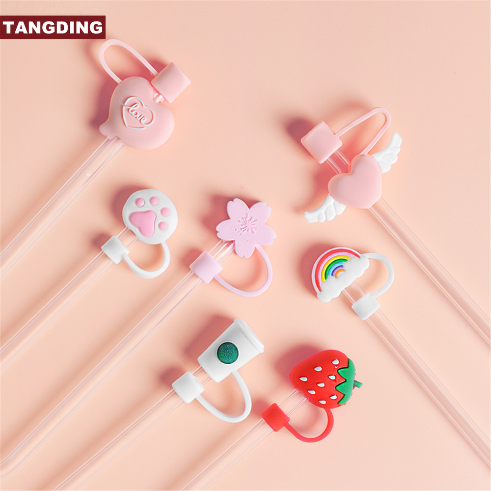 【COD Tangding】Sedotan Silikon Universal dengan Tutup Anti Debu Bentuk Bebek/Beruang/Sakura/Pelangi