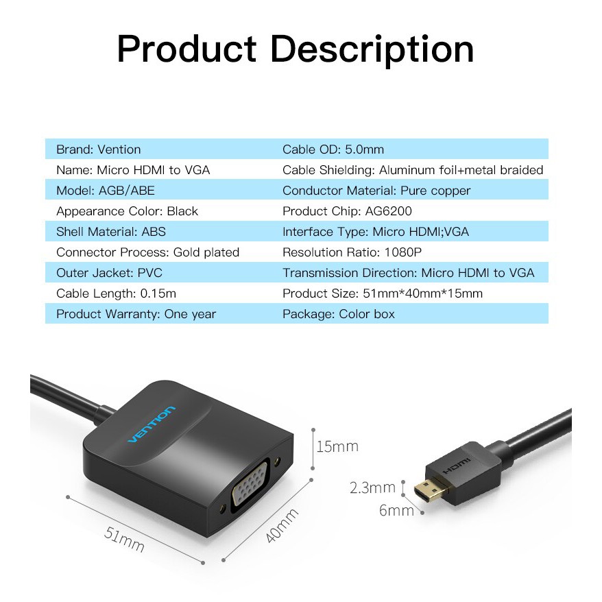 CONVERTER VENTION MICRO HDMI TO VGA AUDIO MICRO USB POWER AGBBB