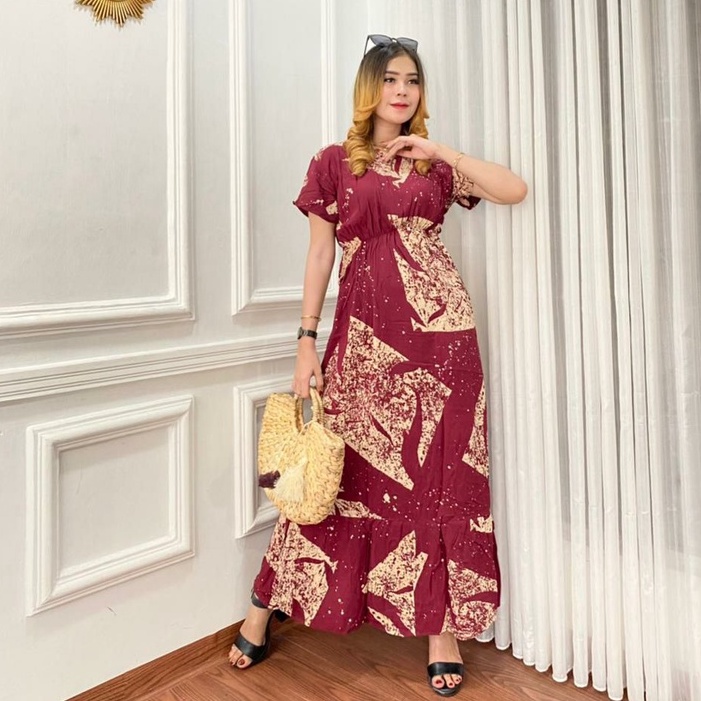 Dress Wanita Samisa Panjang Semata Kaki Bahan Rayon Lengan Pendek Kekinian Terbaru