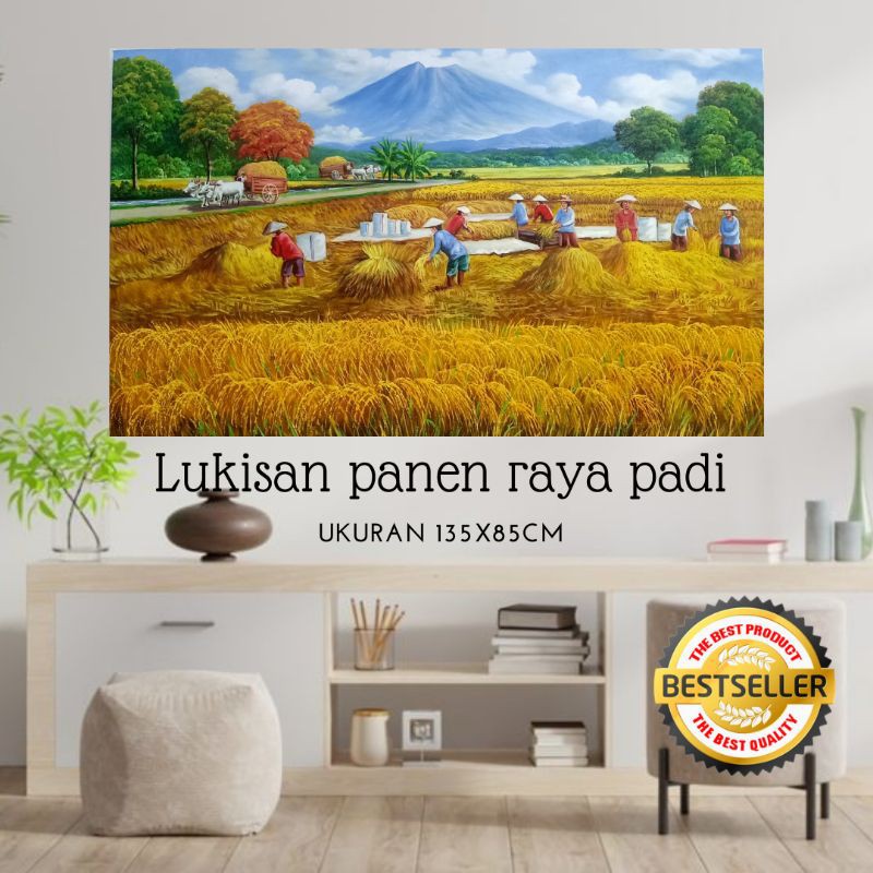 Lukisan Panen Raya Padi Timbul | Lukisan pemandangan panen raya | Lukisan Panen Kuning