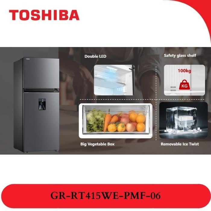 TOSHIBA Lemari Es 2 Pintu + Dispenser 312 Liter GR-RT415WE-PMF / Kulkas 2 Pintu 95 Watt GRRT415WEPMF / GRRT415WE / GRRT415