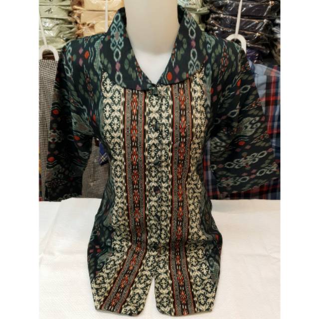KEMEJA BATIK WANITA HIJAU BOTOL ARMY TENTARA LICIN MOTIF DAYAK KALIMANTAN LENGAN PENDEK LAPIS FURING