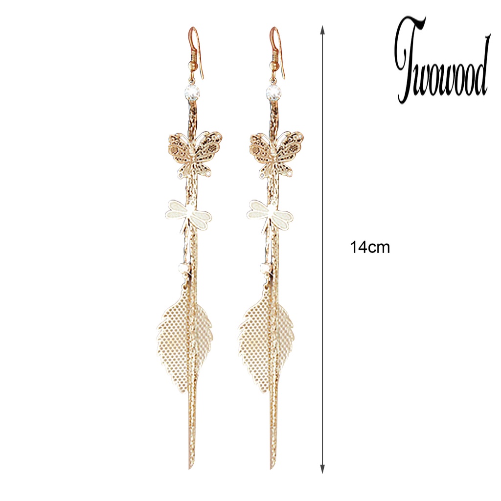 1 Pasang Anting Rantai Rumbai Desain Butterfly Dragonfly Leaf Linear Aksen Berlian Imitasi Untuk Wanita