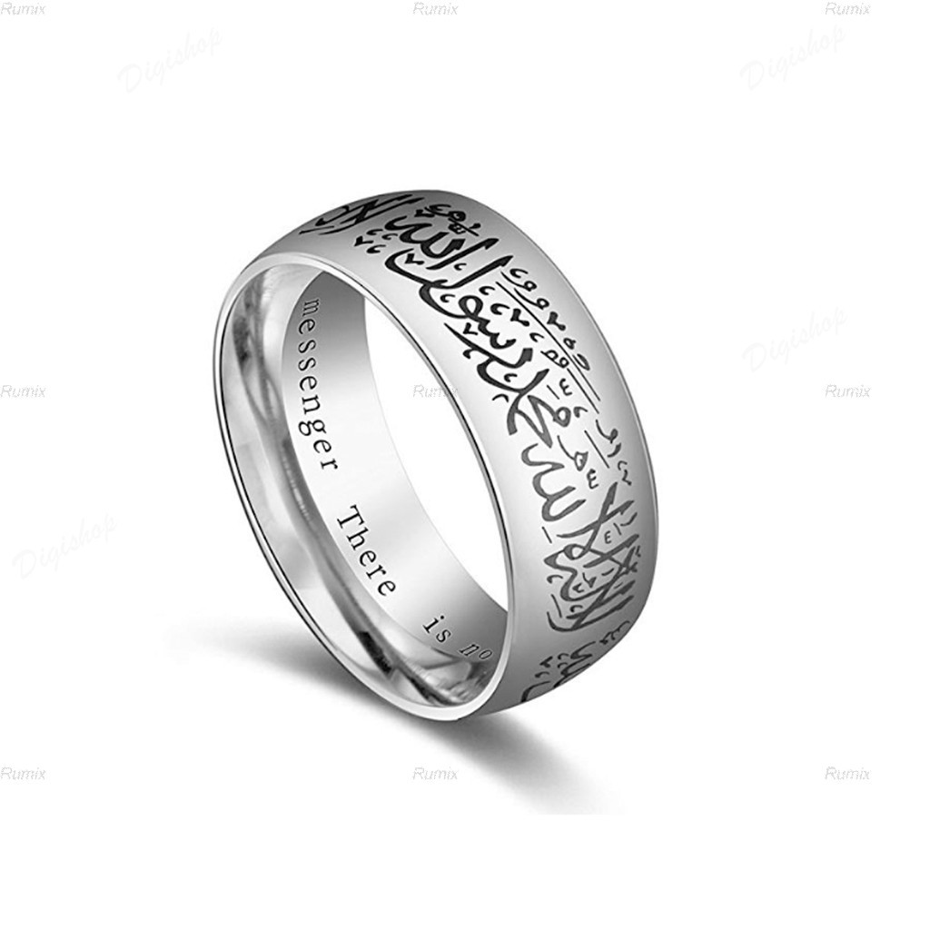 8mm Cincin Tauhid Muslim Pria Wanita Anti Karat Warna Emas Biru Silver Hitam Islami Kaligrafi Hadiah-Perak