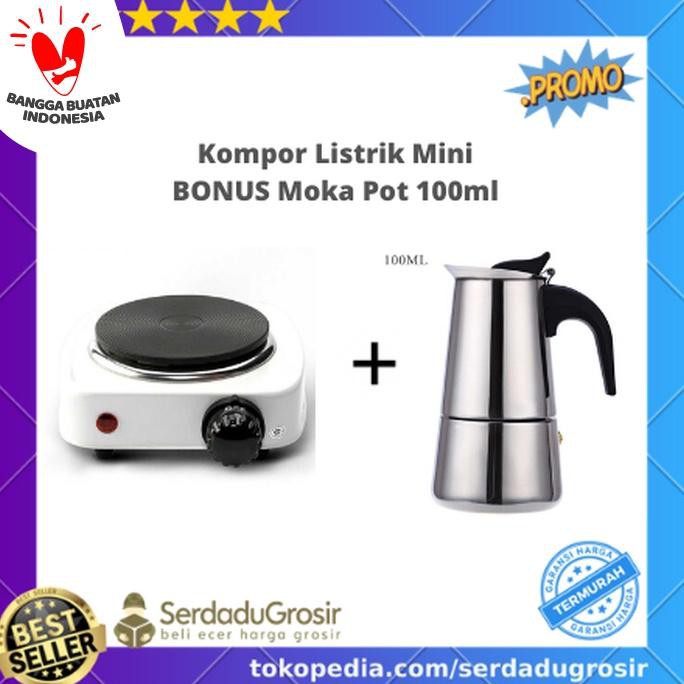 Kompor Listrik Elektrik Mini 500W BONUS Moka Pot Teko Kopi 2 Cup 100ml