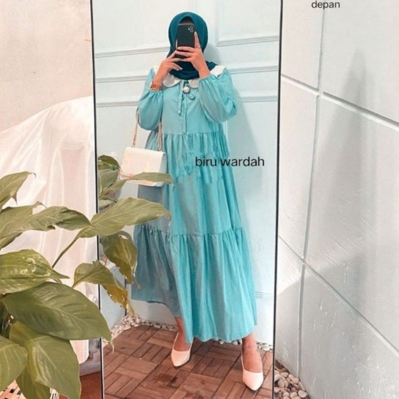 MIDI DRES KERAH PUTIH LONG TUNIK RAYON POLOS GAMIS KOREAN STYLE FASHION MUSLIM MIDI DRESS KERAH FULL