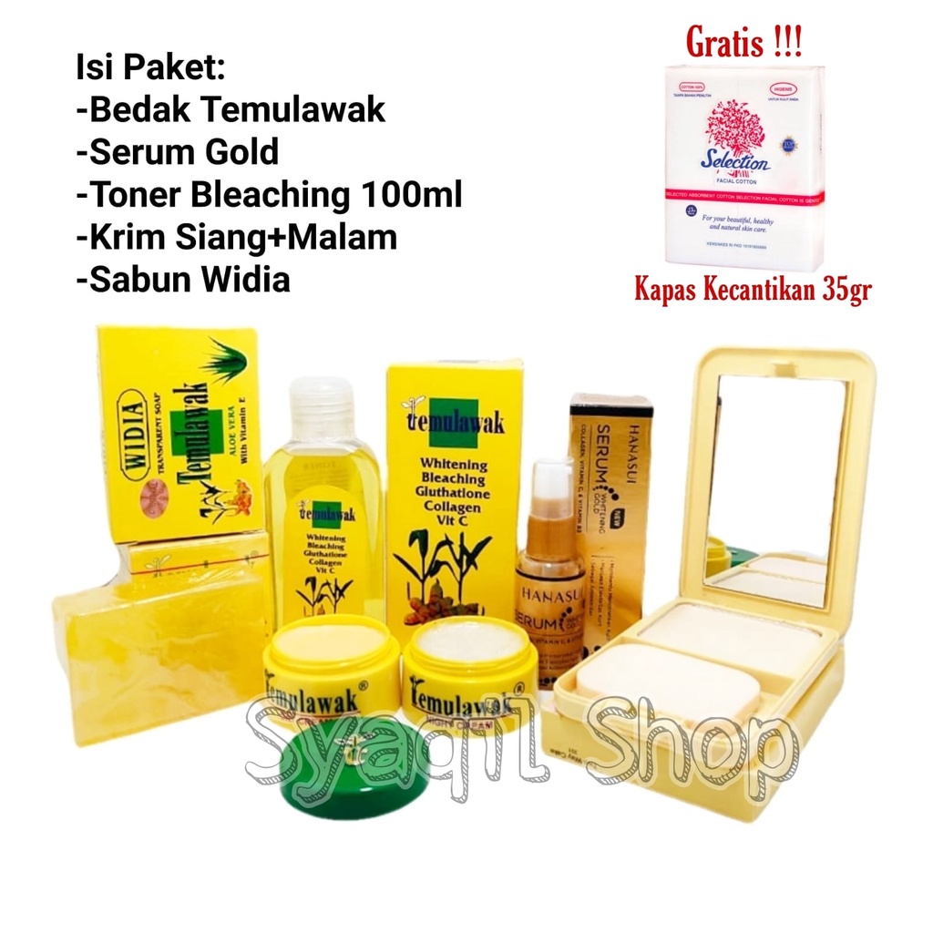 FREE Kapas Kosmetik-Paket Temulawak Wajah 5in1/Bedak+Sabun Cuci Muka+Krim Siang Malam+Toner Bleachin