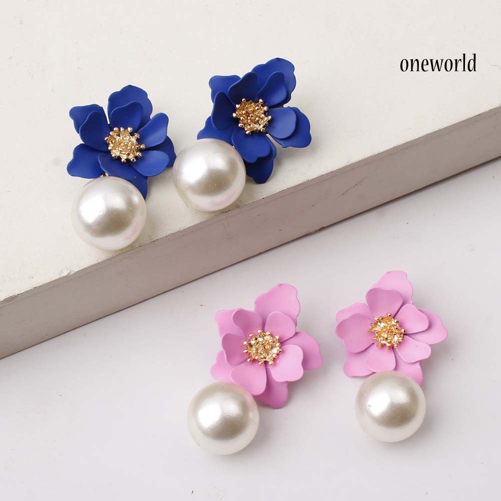 OW@ Sweet Women Faux Pearl Dangle Resin Flower Stud Earrings Summer Jewelry Gift