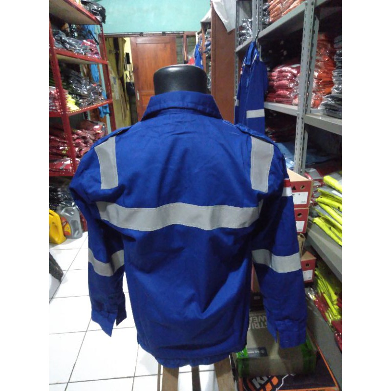 SERAGAM SAFETY BAHAN CATON TEBAL ADEM PREMIUM BIRU BENHUR RESLETING FREE LOGO K3 SCOTLIGHT 5CM