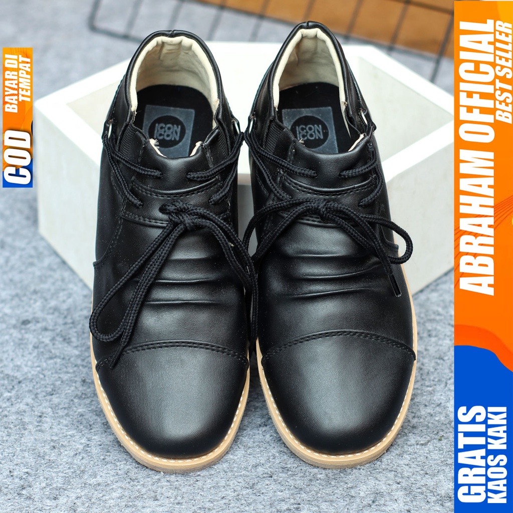 Sepatu Casual Pria Formal Slip On Pantofel Kulit Pu Kerja Kantor Kondangan Kuliah Hitam Fashion Shoes Terbaru Murah Kekinian Original ICON ABRAHAM