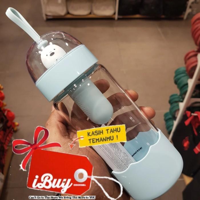 Miniso We Bare Bears Ice Bear Tea Brewing Botol Minum Kaca 370ml BLUE