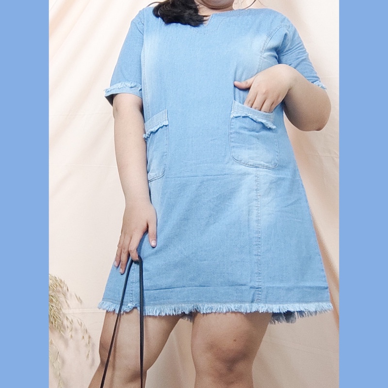 SB Collection Midi Dress Valerine Short Dress Jeans Wanita Jumbo All Size Biru Tua dan Muda