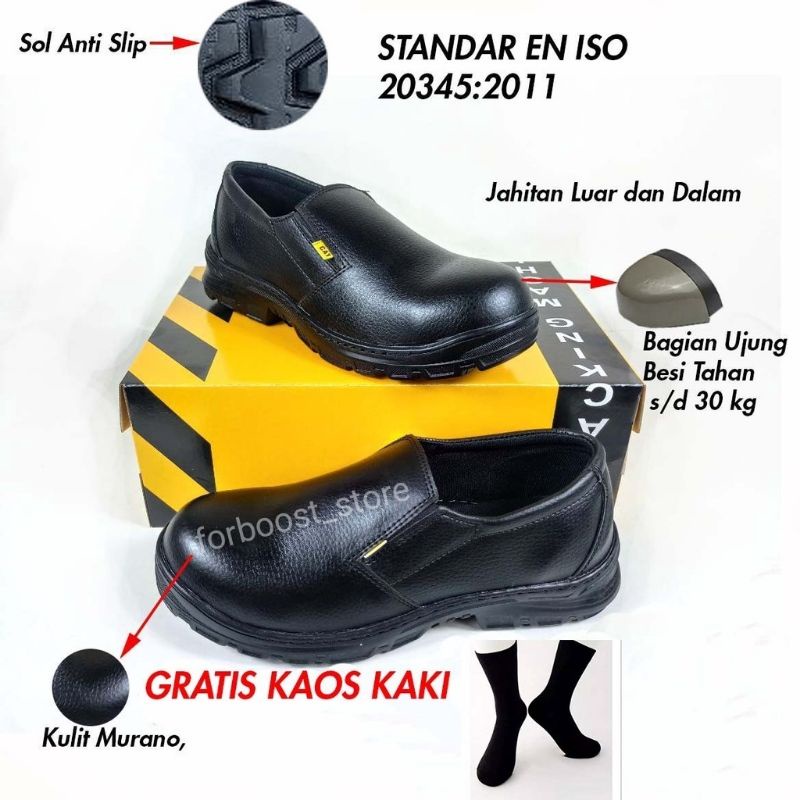 sepatu safety slip on ujung besi sepatu septy kerja lapangan proyek(+kaos kaki)