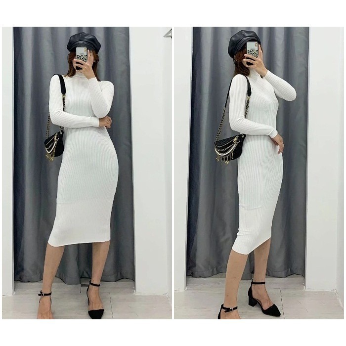 [baju wanita korea]  Turtle Neck Turtleneck Midi Dress Rajut Lengan Panjang Wanita Korea