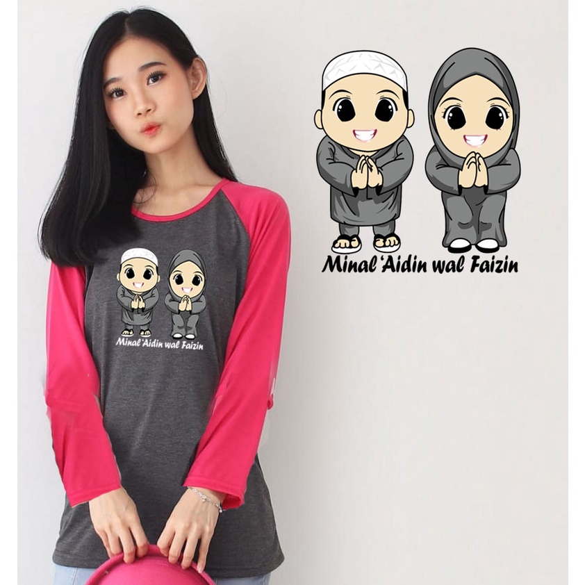 Kaos Raglan Panjang Abu Tua Gambar Animasi Minal Aidin Wal Faizin