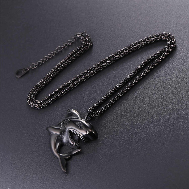 Kalung Liontin Bentuk Hiu Warna Silver / Gold / Hitam Gaya Rock Hip Hop Untuk Pria