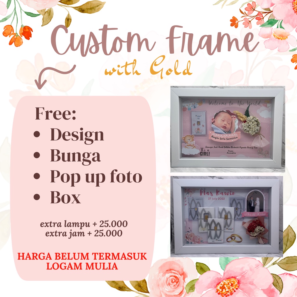 (UKURAN M 20x15) HAMPERS Gift CUSTOM Bingkai FRAME Mahar 3D Minigold / Hadiah / Kado Mahar variasi Minigold / Design Frame Birthday Wedding Newborn Baby Graduation (TIDAK TERMASUK EMAS)