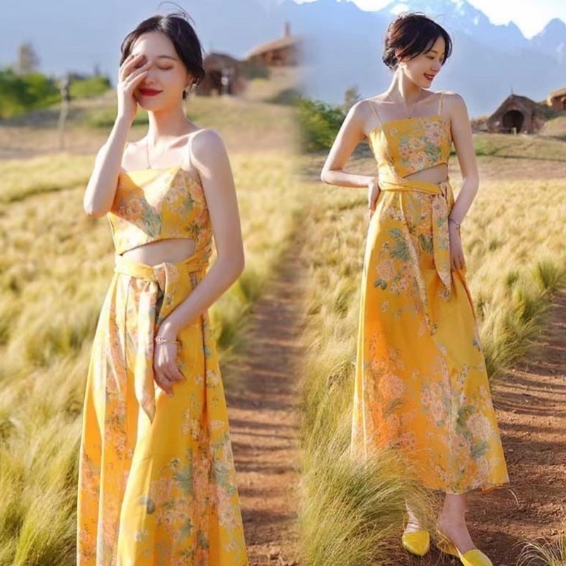 dress motif bunga warna kuning soft model tube dan tali besar di pinggang CODE TG963