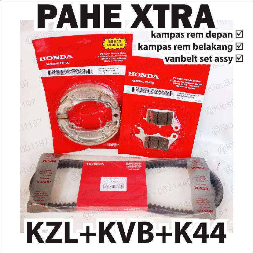 (PAHE XTRA) Kampas Rem Depan+Belakang+Vanbelt Set Assy HONDA BeAT eSP, Pop, vario 110  (KVB KZL K44)