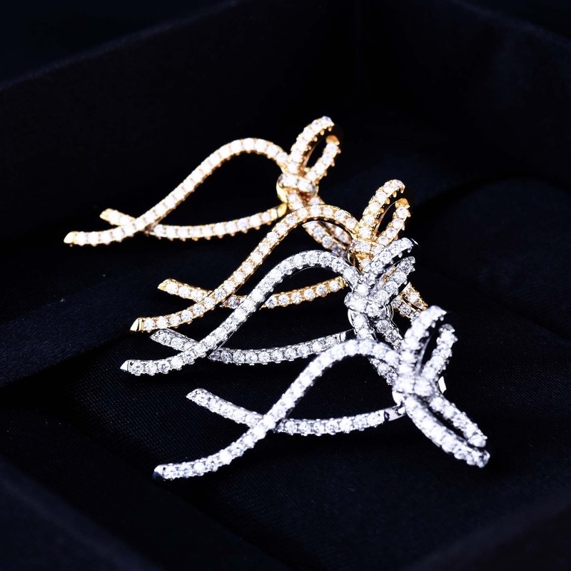 Fashion Design Simple Rhinestone Front and Back Ribbon Bowknot Stud Earrings