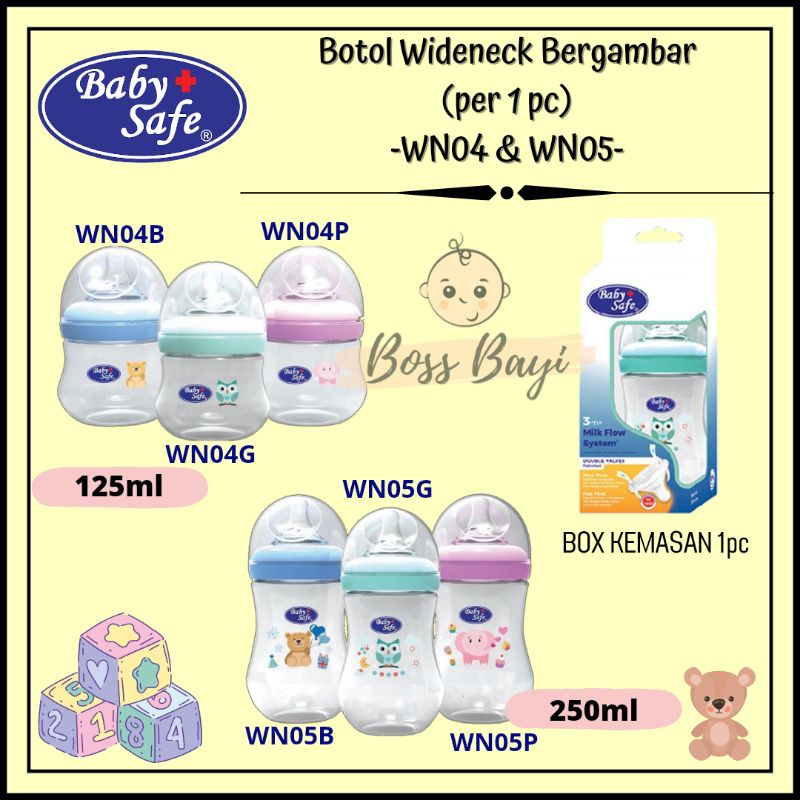 BABY SAFE Wide Neck Bottle 125ml/250ml - Botol Susu Dot Wide Neck Bayi Anak WN04 WN05 WNS01 WNS02