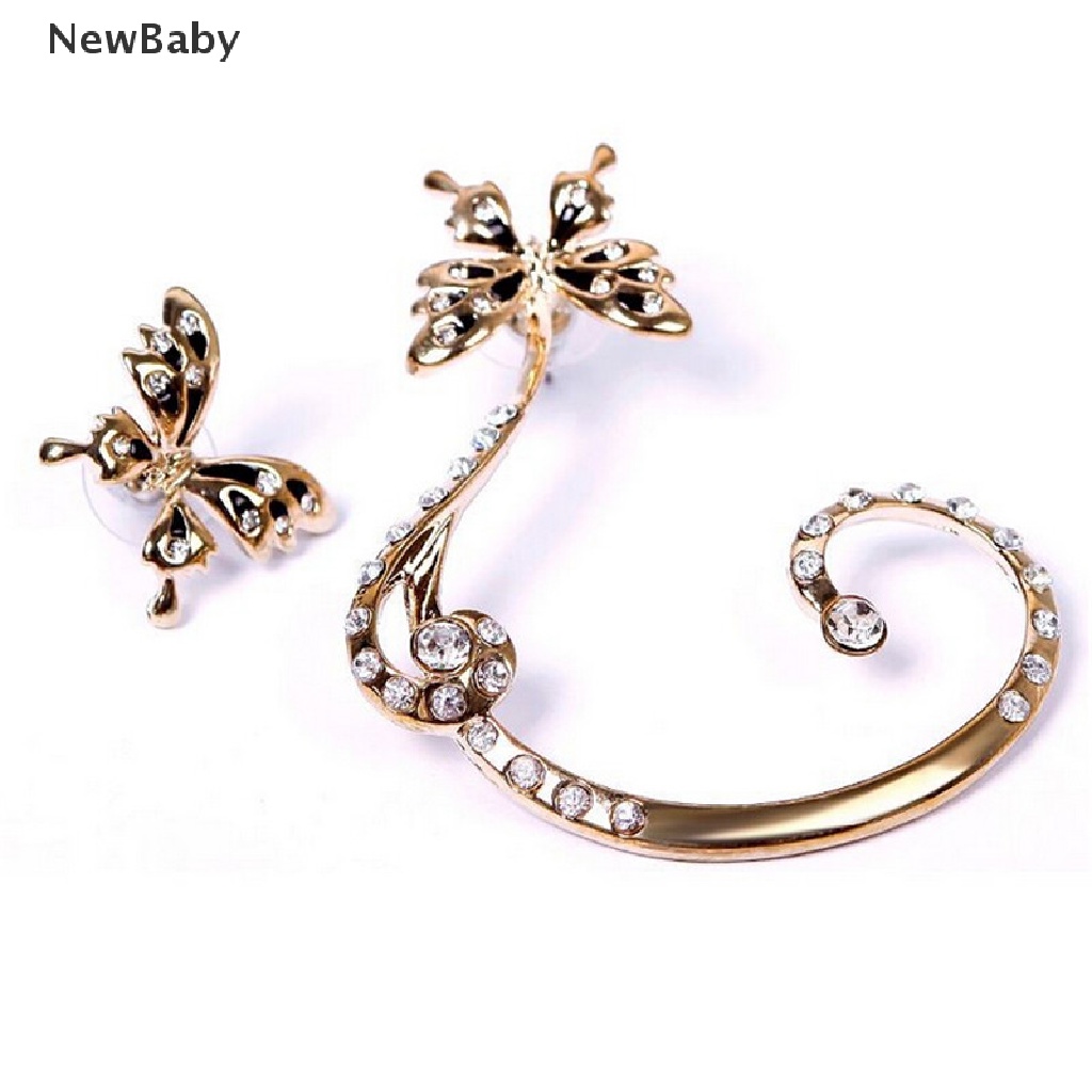 Newbaby 1 Pasang Anting Klip On Wanita Desain Kupu-Kupu Hias Kristal