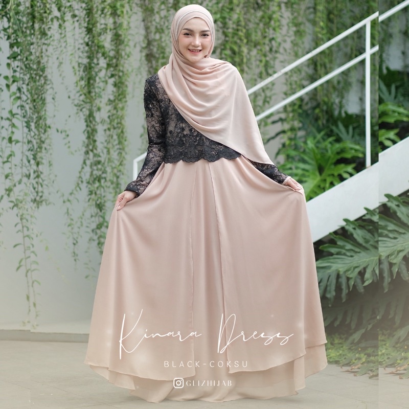 GlizHijab | Kinara Dress | Sarimbit 1 Set Gamis & Pashmina Bahan Babydoll Baju Kondangan Wanita Brokat Size XS - JUMBO-3