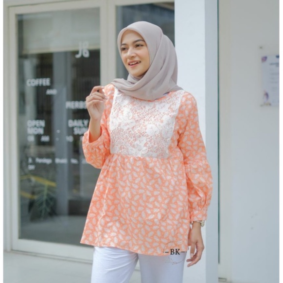 tey-17 Batik wanita ASJ SA HRB026 Kenongo Kemeja Tosca Pendek-Brokat Oren