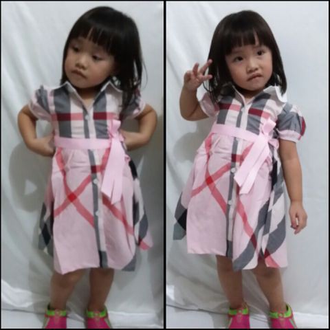 Dress pink kotak kotak branded