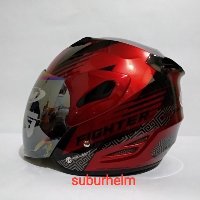 HELM GM  FIGHTER  ZIGO  ROYAL RED  BLACK  DOFF  DAN  GLOSSY    HALF  FACE  SINGLE VISOR   ORI   PRIA